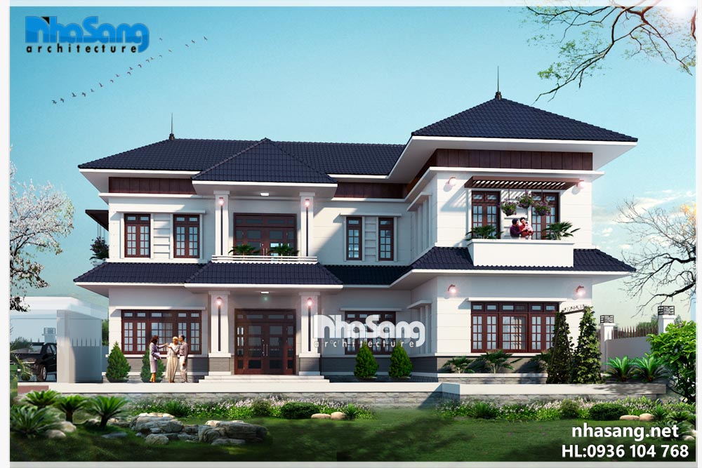 Tổng thể mặt tiền mẫu biệt thự nhà vườn đẹp 2 tầng mái thái